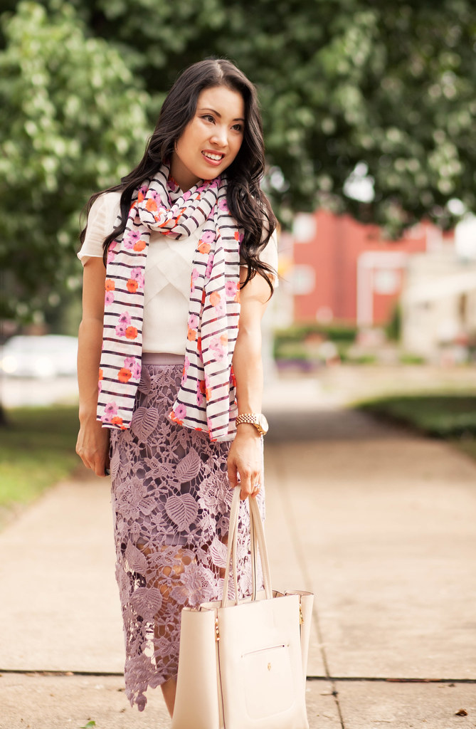 cute & little blog | petite fashion | jcrew floral stripe summer scarf, crochet lace midi skirt | summer outfit