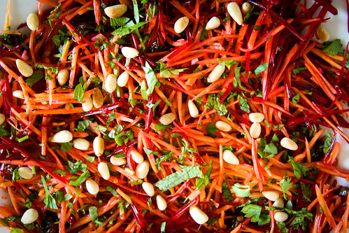 Raw Carrot & Beetroot Salad with Raisins & Pine Nuts