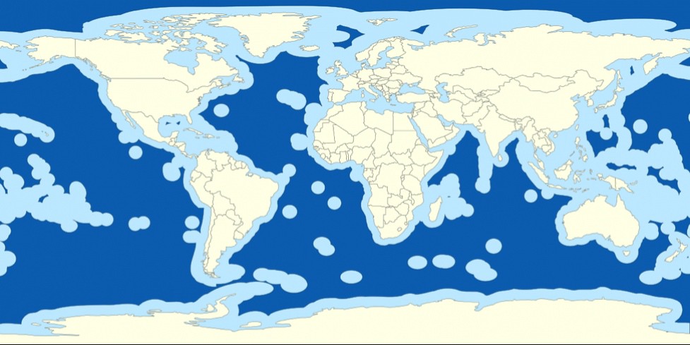 專屬經濟海域（淺藍）和非專屬經濟海域（深藍）分布。圖片來源：Ocean Health Index