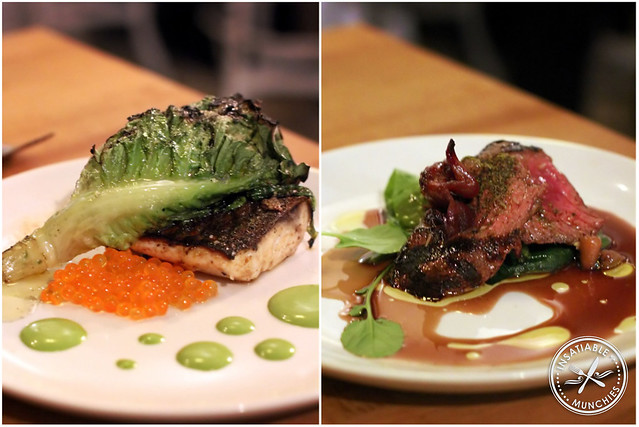 From left: Grilled Mullet with Grilled Cos Lettuce and Salmon Roe, Kangaroo Loin with Native Australian Plums and Jus