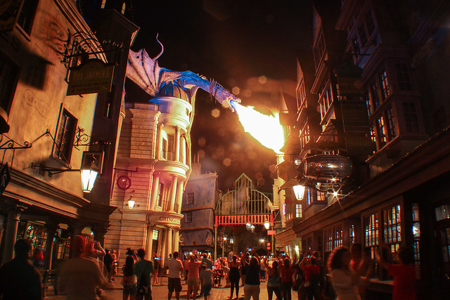 Diagon Alley at night in Universal Orlando