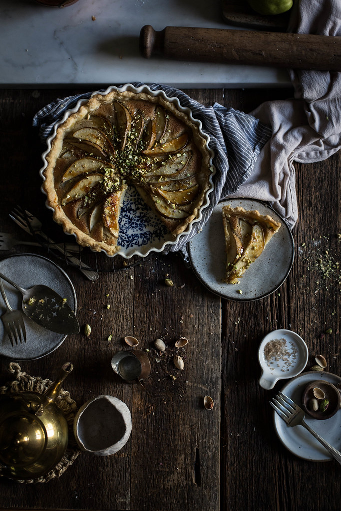 pear, pistachio, frangipane tart from the "top with cinnamon" cookbook