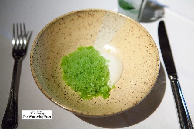 Aerated cheesecake with anise hyssop granita