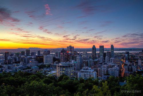 city morning sky canada skyline sunrise cityscape skyscrapers quebec montreal stlawrence hdr mountroyal summersolstice