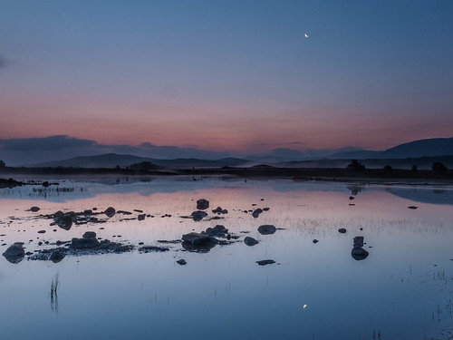sky moon mist silhouette clouds sunrise reflections reeds rocks features ba loch moor rannochmoor rannoch lochba