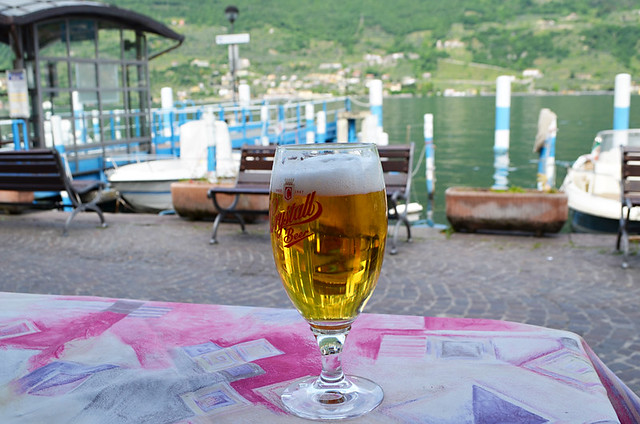 Beer at ferry jetty, Carzano, Monte Isola, Lake Iseo, Italy