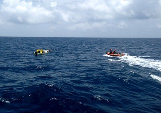 The crew of the Coast Guard Cutter Amberjack, an 87-foot patrol boat, stopped one of five lanchas sighted fishing in U.S. waters near the maritime border with Mexico Tuesday, July 1, 2014. Aircraft compelled the other lanchas back to Mexican waters. U.S. Coast Guard photo.