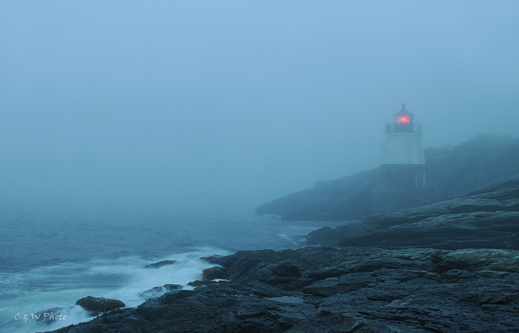 Creepy foggy night at Castle Hill Lighthouse, RI