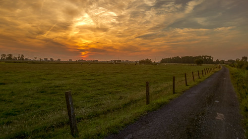sunset brugge meadows clouded polders