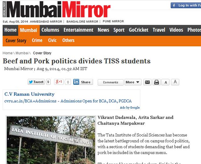 Mumbai Mirror Story - Beef and Pork politics divides TISS students - Aug 9, 2014