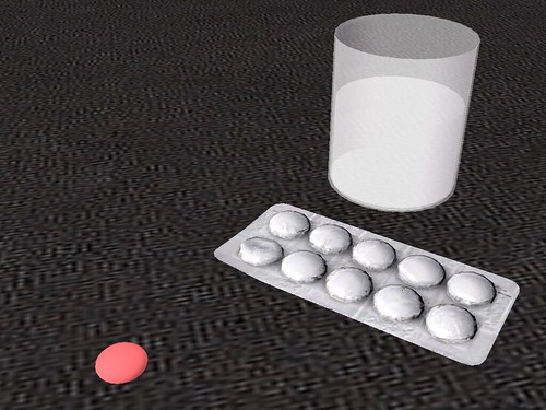 Image Description: A blister pack of pills, a single pink pill sitting out, and a glass of water.
