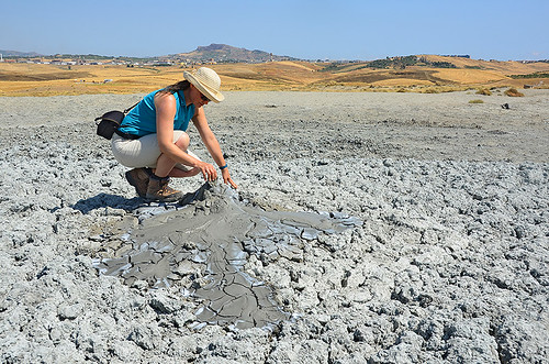 woman moon cold landscape volcano mud exploring gas adventure clay crater aragon sicily vulcan geology unreal eruption vulcano saltwater methane vulcanism macalube