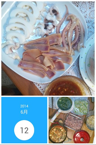 花枝魷魚佐五味醬,麻婆豆腐,絲瓜,炒高麗菜,新鮮海菜蛋花湯,紫米半糙米飯