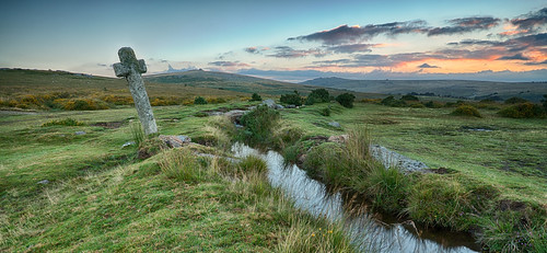 water grass clouds sunrise stream cross heather hills granite tor moor dartmoor gorse leat tors