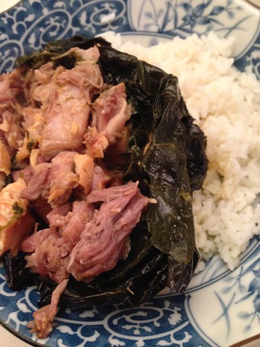 Crockpot Laulau with collard greens and salmon. Waited all day for this. Can't wait.