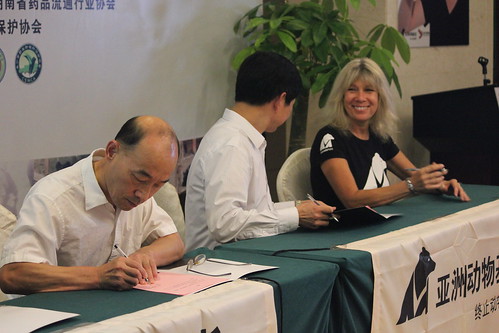 Animals Asia founder and CEO Jill Robinson MBE signing contracts with major pharmacy chain owners
