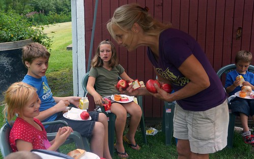 Freedom Farms of Butler supplied fresh picked nectarines to the children participating in the USDA Summer Food Service Program at Old Plank Estates.  None of the children had tasted nectarines before but everyone enjoyed them. Lisa King with Freedom Farms explained to the children that, while they look like apples, nectarines are much juicer, like a peach without the fuzz.