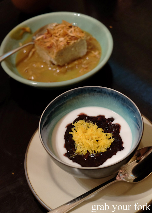 Black sticky rice with warm coconut cream Thai dessert at Surry Hills Eating House