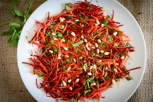 Raw Carrot & Beetroot Salad with Raisins & Pine Nuts