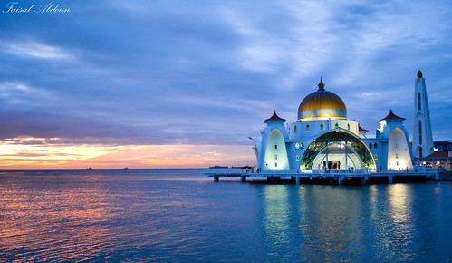 blue sunset sea sky lights mosque malaysia kualalumpur melaka masjid