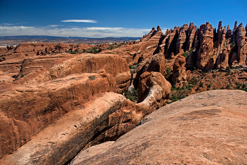 Rock fins near Private Arch in Arches National Park, Utah, USA