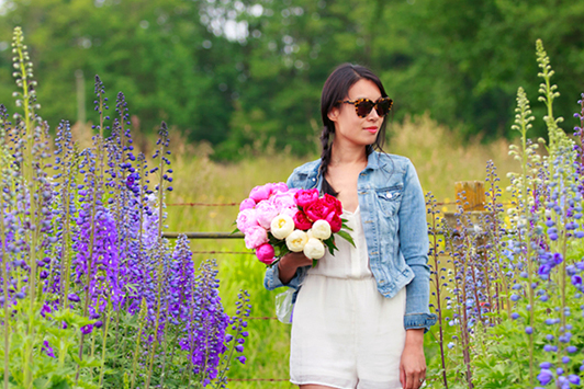 ShoeMint Ciella flats, H&M white romper, H&M denim jacket, peonies, spring, Vancouver, fashion, blogger, Flowers From A Country Garden, Karen Walker Number One sunglasses