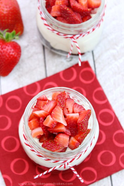 Dairy-Free Strawberry Brownie Trifle plus Protein in Almond Milk in a glass jar looking from the top down.