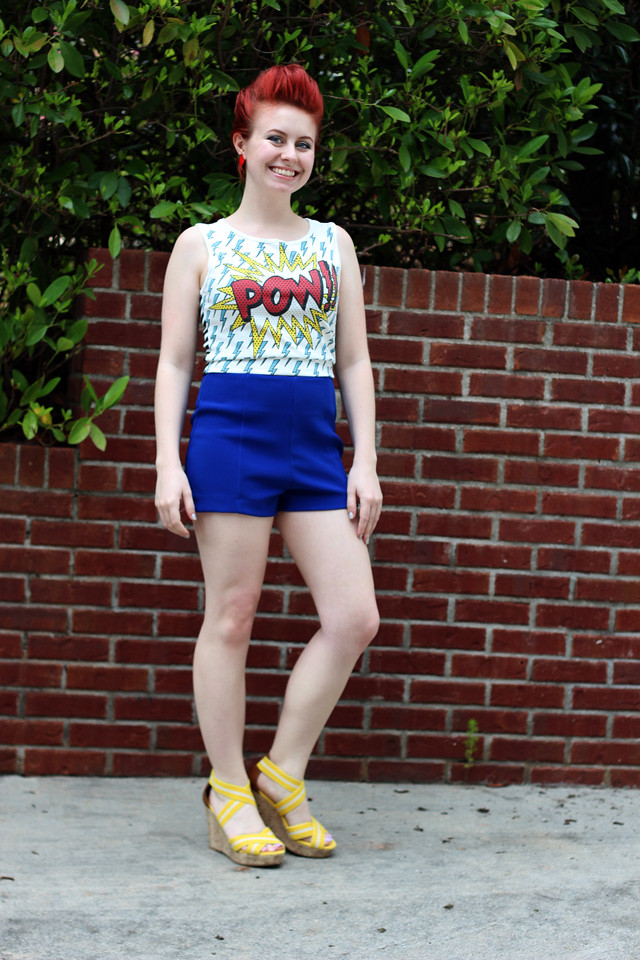 Outfit: Red Fauxhawk, Comic Print Shirt, Blue Shorts, & Yellow ...