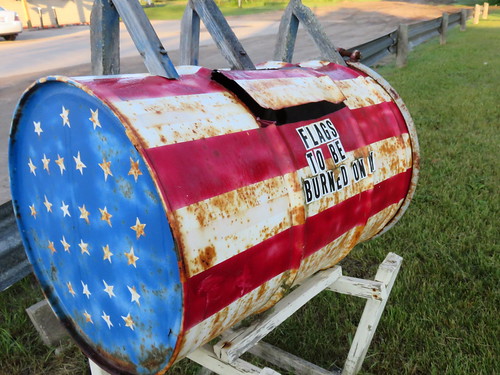 park blue red summer white stars town michigan stripes small barrel disposal flags upper burn american peninsula legion veterans discard vfw germfask