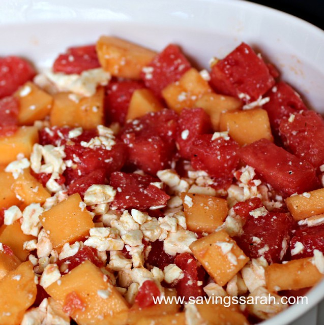 Tangy Two-Fruit Summer Salad in a white bowl.
