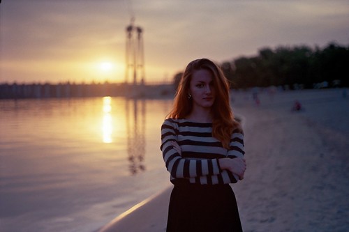 light sunset reflection film water girl beauty analog 35mm natural portait redhead stunning expired kiev19