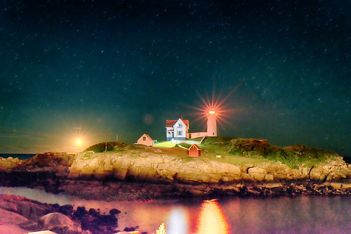 light lighthouse night stars island bright maine moonrise hdr yorkbeach nubble capeneddick