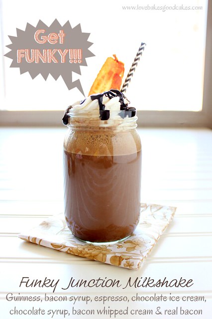 Funky Junction Milkshake in a glass jar with a slice of bacon and a straw.