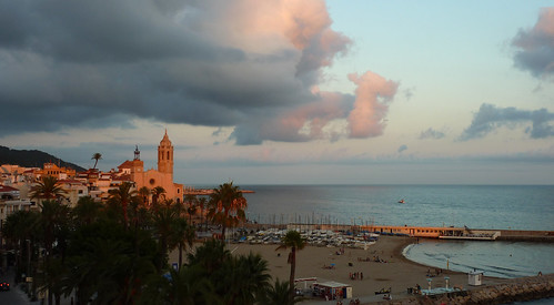 sunset beach evening spain mediterranean catalonia sitges chirch