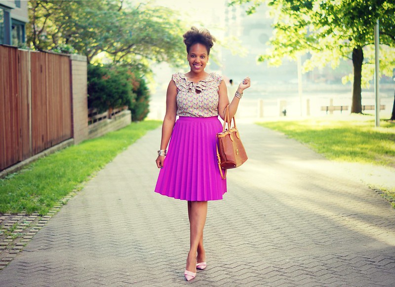 Floral Top + Purple Pleated Skirt