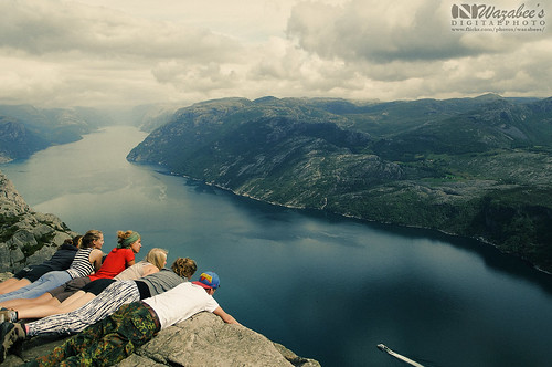 travel summer vacation cliff woman man male men nature water norway female clouds landscape outdoors boat women cloudy hiking hike fjord fiord preikestolen rogaland pulpitrock d300 smallgroupofpeople forsand norway2014