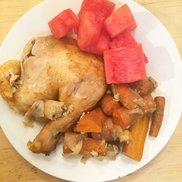 Day 20, #whole30 - dinner (whole roasted chicken, roasted carrots, & watermelon)