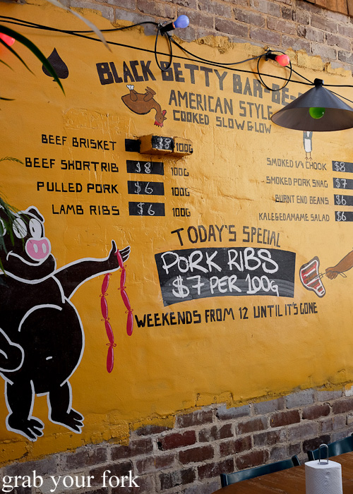 Black Betty barbecue menu at the Oxford Tavern, Petersham