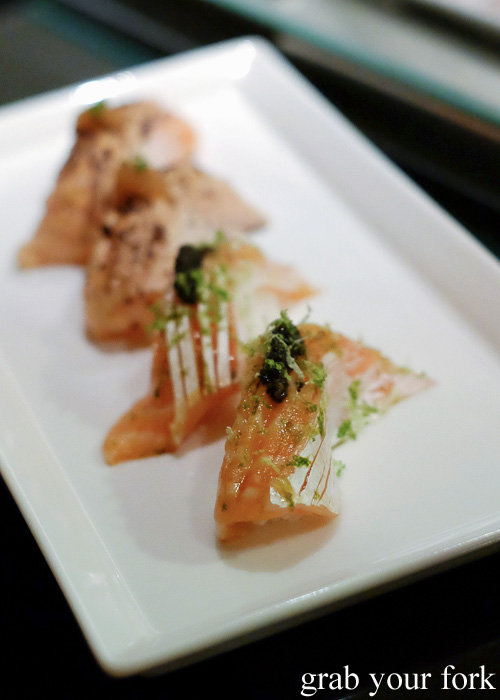 Salmon belly sushi and seared salmon sushi at Sokyo at The Star, Pyrmont