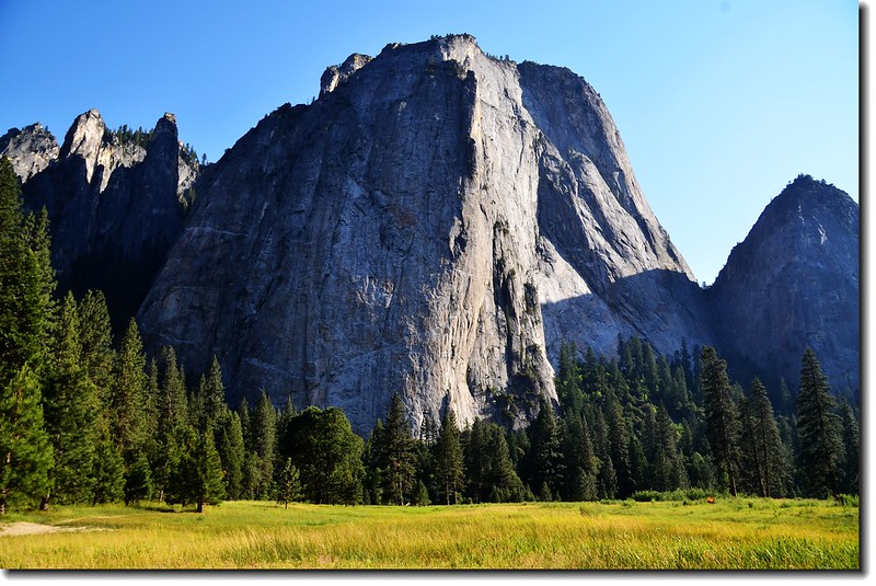 Cathedral Rocks and Cathedral Spires (on the far left), from El Capitan Meadow