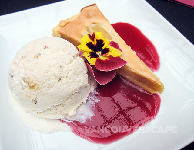 Mead poached pear and brown butter shortbread tart, Concord coulis, pecan praline ice cream