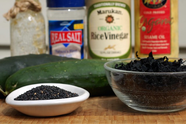 Ingredients for wakame kyuri so seaweed cucumber salad by Eve Fox, The Garden of Eating, copyright 2014