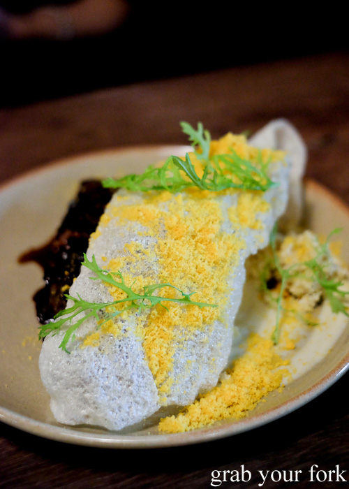 Beef tendon chip with beef short rib and cauliflower at Hartsyard, Newtown