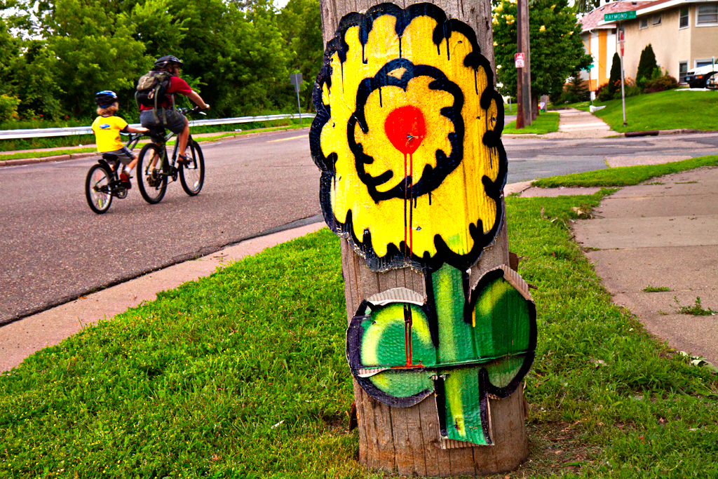 Cardboard-flower-attached-to-utility-pole--St-Paul
