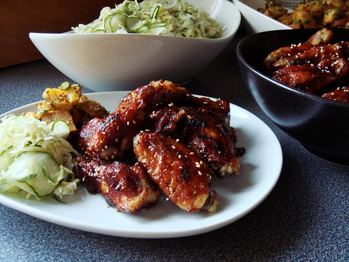 Sticky Asian Wings with Slaw & Potato Kielbasa Salad