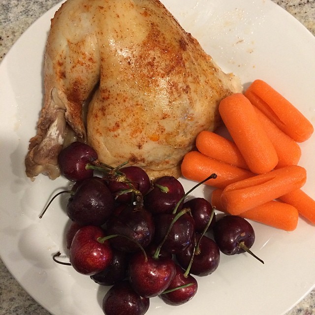 Day 8, #Whole30 - dinner (roasted chicken, raw carrots, and cherries)