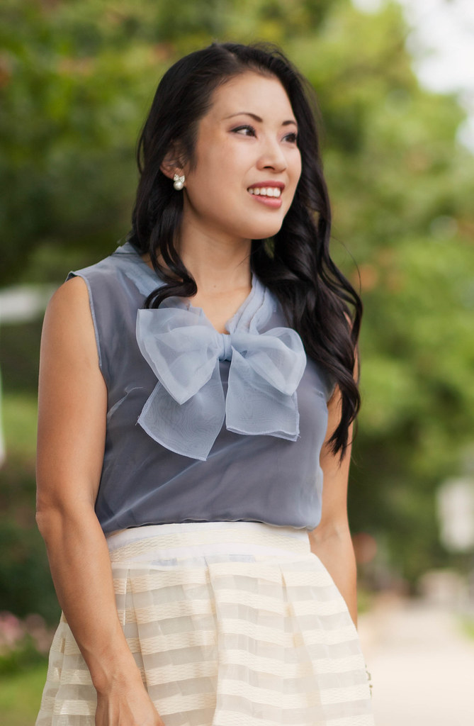 cute & little blog | petite fashion | grey bow organza top, white striped organza pleated skirt | summer outfit