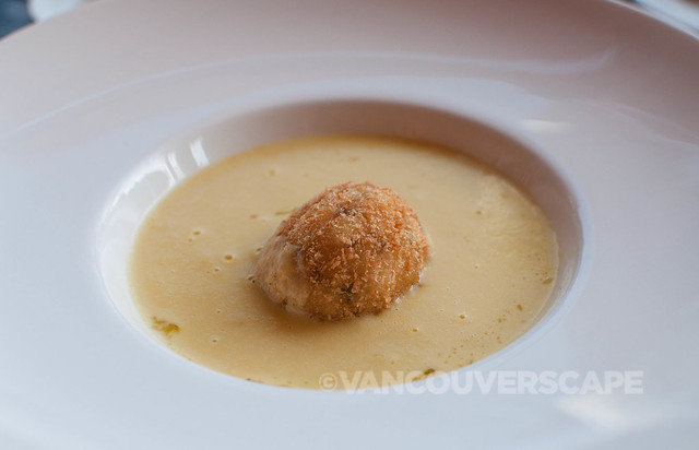 BC sweet corn and basil soup, Dungeness crab fritter