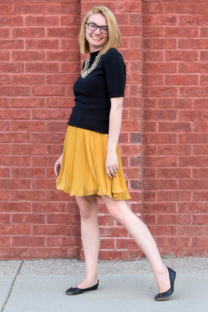 skirt, pleated, yellow, black, sweater, the giver, never fully dressed, withotuastyle,