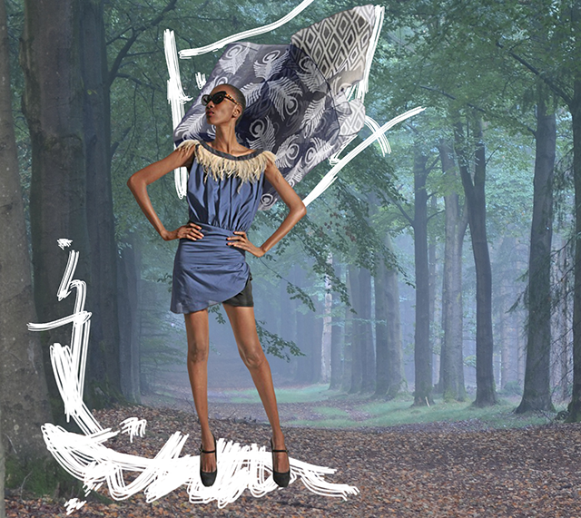 blue feather dress supermodel with cape in the misty forest